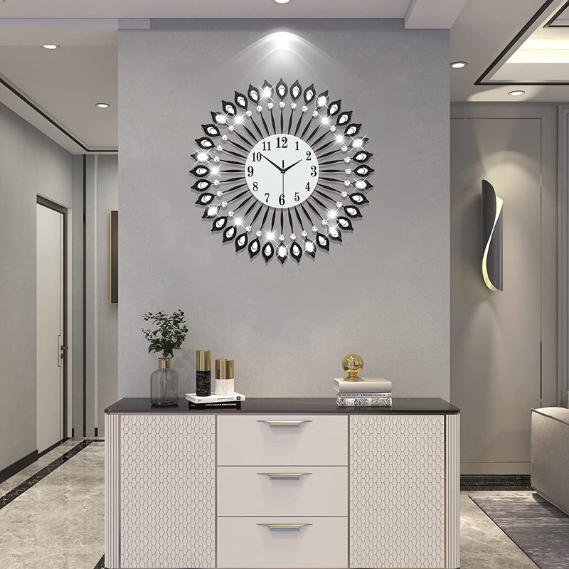 24 Inches Home Decoration Big Black Crystal Wall Clocks Battery Operated Non Ticking Quartz, Silver