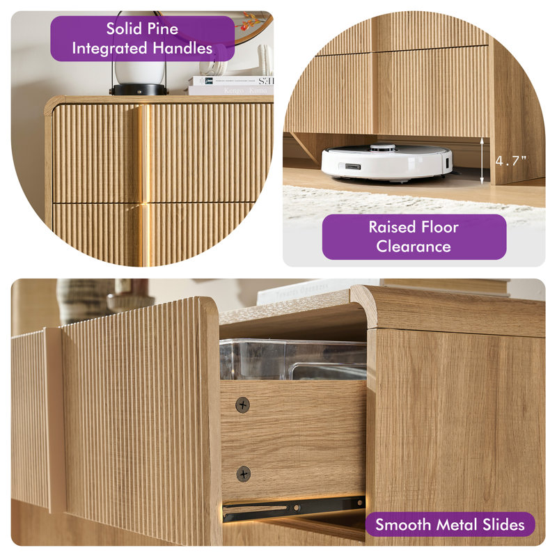 Commode haute à 5 tiroirs Rilton avec façade à persiennes, commode de rangement verticale pour chambre à coucher, aspect bois naturel