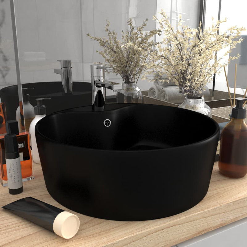 Belfry Bathroom Mccree 360mm L x 360mm W Ceramic Circular Sink with Overflow, Black