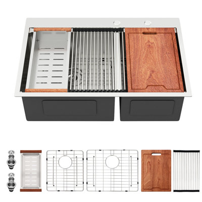 Évier de cuisine encastré à double cuve 60/40 en acier inoxydable T304 de calibre 16 33 po x 22 po x 10 po, nickel brossé, drain en forme de X pour un nettoyage facile, coin arrondi R10, extérieur enduit, coussin de 3 m
