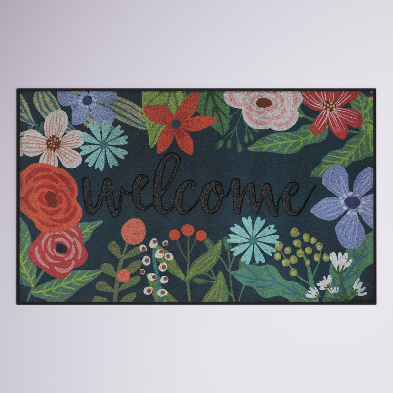 Navy and Green Floral Recycled Rubber Outdoor Welcome Mat