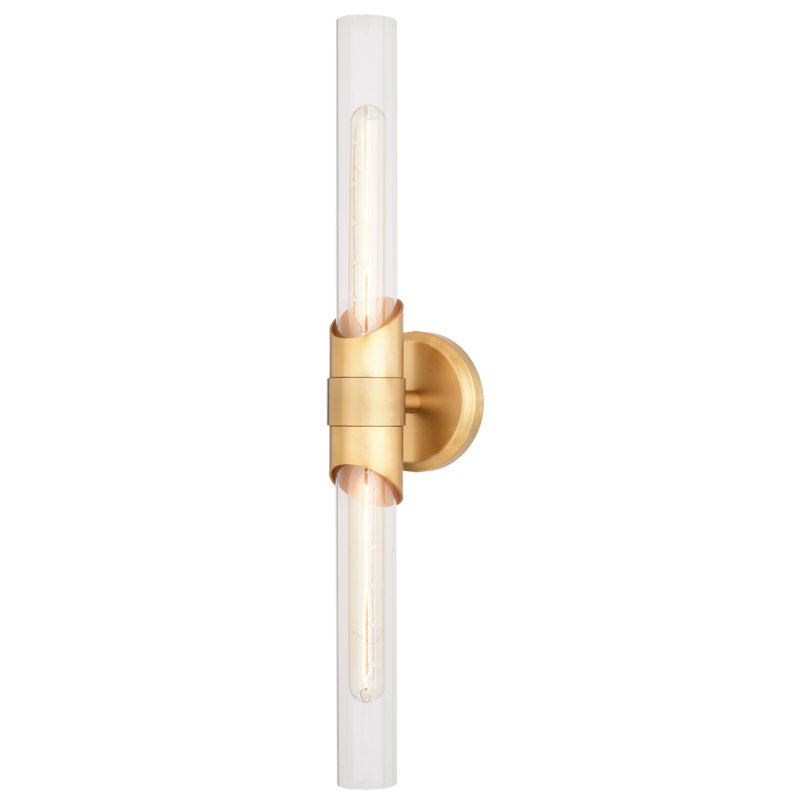 Luminaire de salle de bain contemporain en laiton naturel doré à 4 lumières de 4,75 pouces de largeur Webster, abat-jour en verre transparent, à intensité variable, compatible avec DEL, applique murale au-dessus du miroir ou applique murale en acier