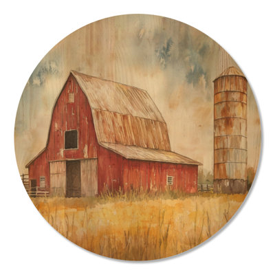 Barn with Weathered Silo - Farmhouse Round Wood Wall Art Print