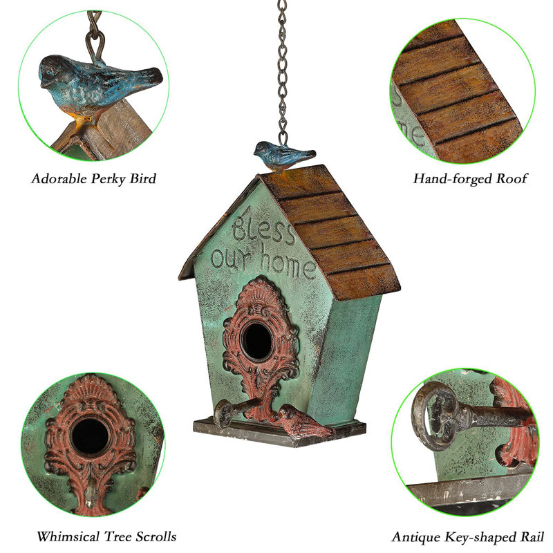 Green Distressed Metal Hanging Birdhouse with Cast Iron Birds