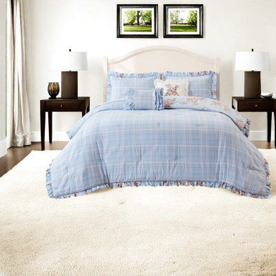 Blue Floral Bedding Sets, Twin/Twin XL Microfiber Comforter Set, Ruffled Edge