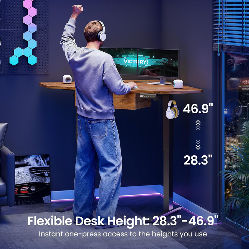 Corner Electric Standing Desk Height Adjustable Computer Desk with Drawer, Brown