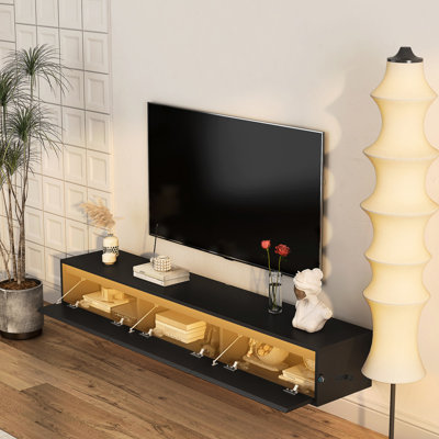 Meuble télé flottant avec tablettes ouvertes et prise de courant, noir ultrabrillant, convient aux téléviseurs de 60 à 69 po, grand espace de rangement pratique et fonctionnel