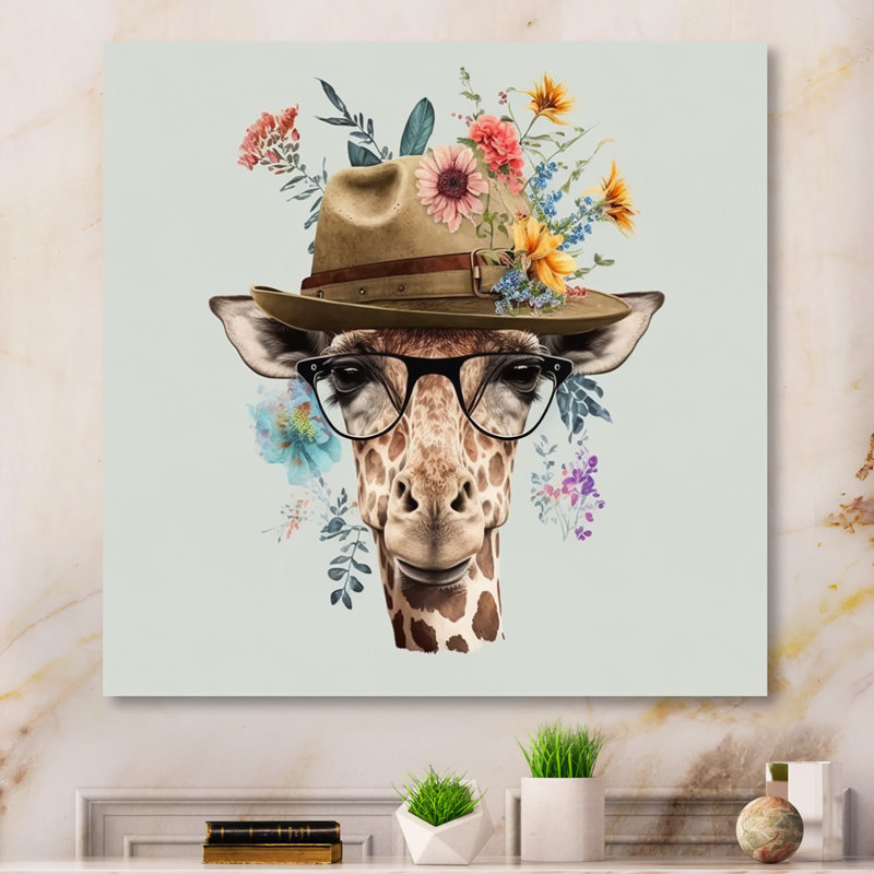 Portrait de girafe avec des lunettes et un chapeau I, H 16 po x l 16 po x P 1 po, Toile tendue