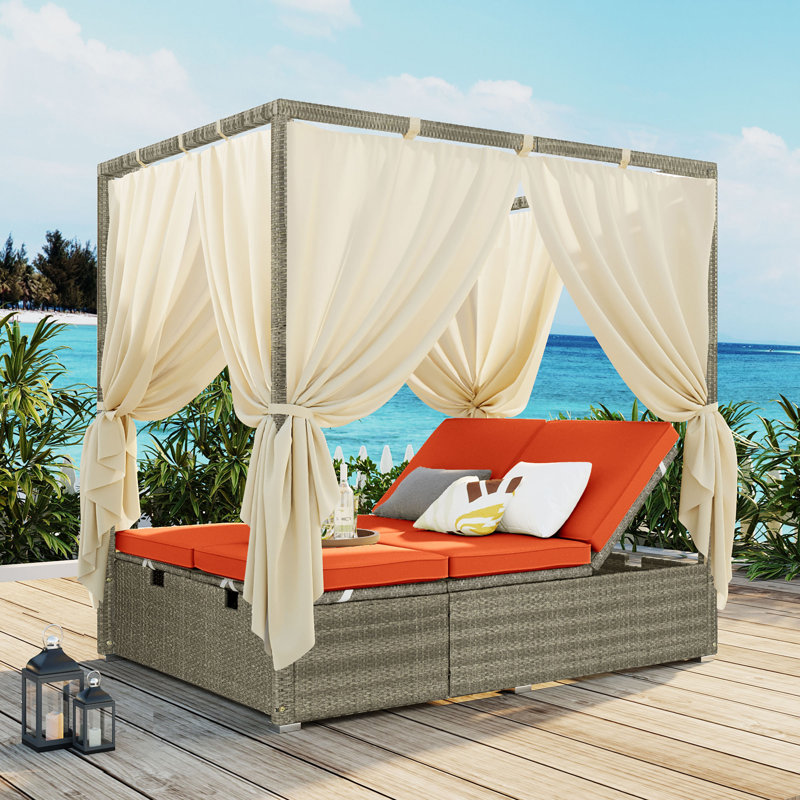 Chaise longue d'extérieur réglable avec auvent, Orange