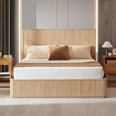 Base de lit à tête de lit en bois de chêne ondulé naturel à grain de bois ondulé, grande tête de lit de 44 pouces de hauteur, style minimaliste moderne, assemblage facile, pas besoin de sommiers tapissiers