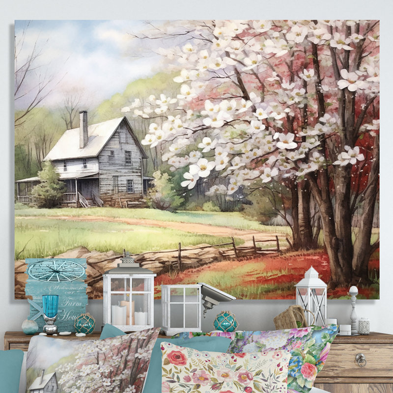 Cornouiller blanc à la ferme III - art mural cornouiller, H 34 po x l 44 po x P 1,5 po, Toile tendue, Sans cadre