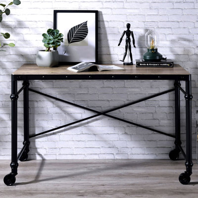 Bureau d'écriture rectangulaire, plateau en bois de chêne rustique et noir