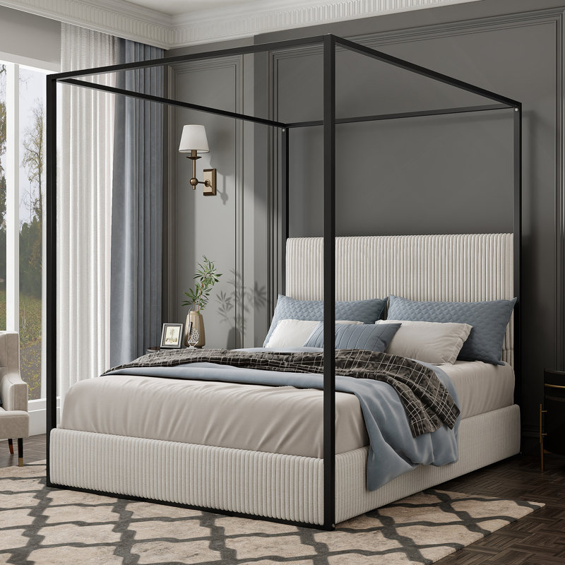 Modern Luxury Metal Canopy Bed with Tall Upholstered Headboard and Four Poster, No Box Spring Needed, White/Black, King