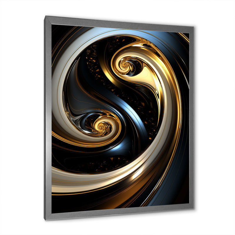 Abstrait abstrait liquide or noir à double spirale - reproduction sur toile, H 32 po x l 24 po x P 1 po, Cadre simple argenté