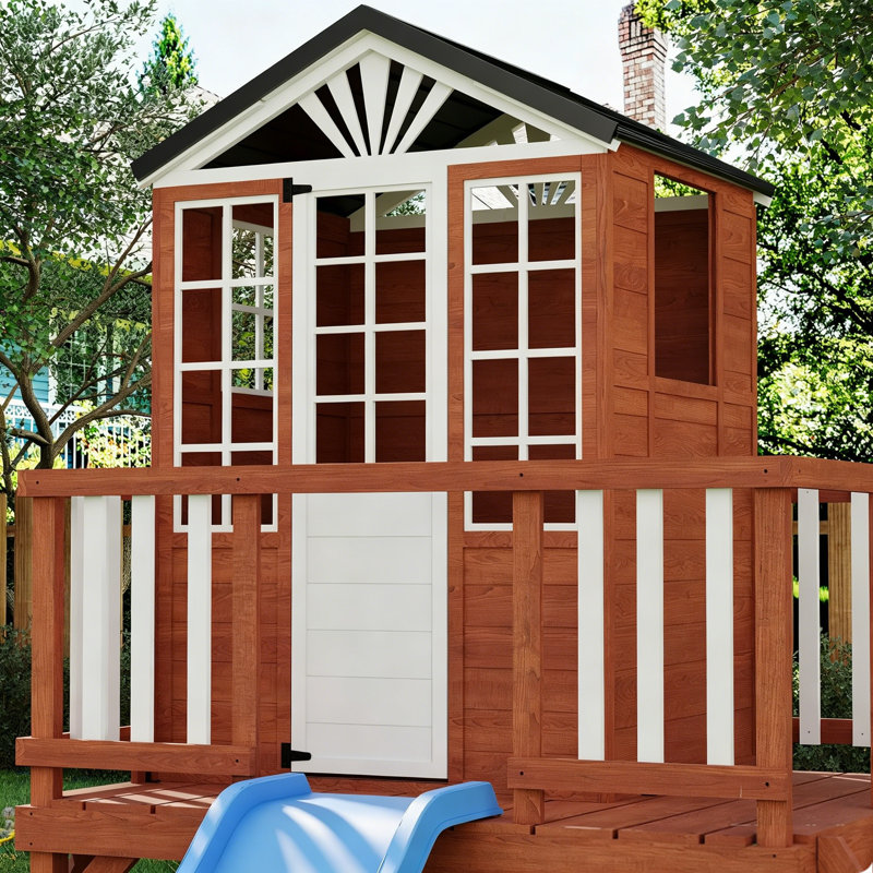 Maisonnette en bois pour enfants avec toboggan et échelle, château de jeu surélevé avec balcon