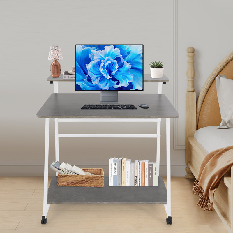 31.5" 3-Tier Rolling Computer Desk Modern Simple Computer Desk Flexible Home Office Desk Anti-Slip Free Standing, Gray, White