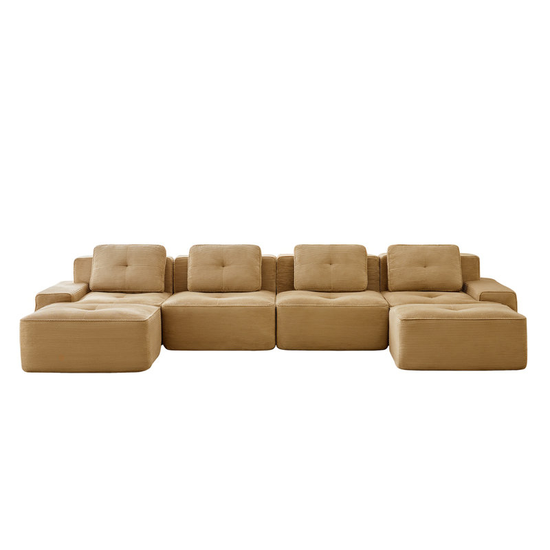 117" Modern U-Shaped Modular Sectional Sofa For Living Room, Corduroy Fabric, 3-Seater Couch With Deep Seat And Movable Ottoman,Pearl-Like Piping, Tufted Design,No Assembly, Anti-Slip Design​