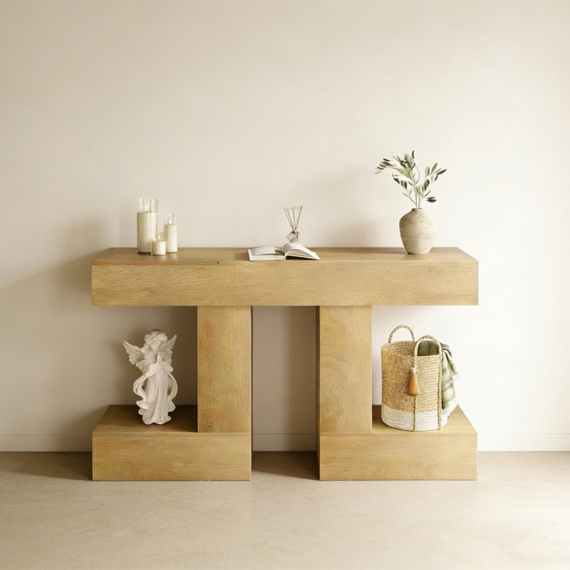 Retro Minimalist Art Console Table, Natural, 31.5" H x 62.99" W x 11.81" D