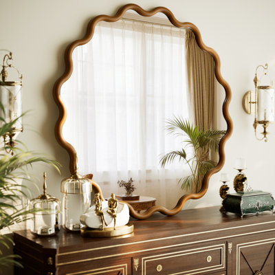 30" x 30" Wavy Round Mirror Solid Wood Frame Decorative Wall Mirror for Bedroom Bathroom Living Room Entryway