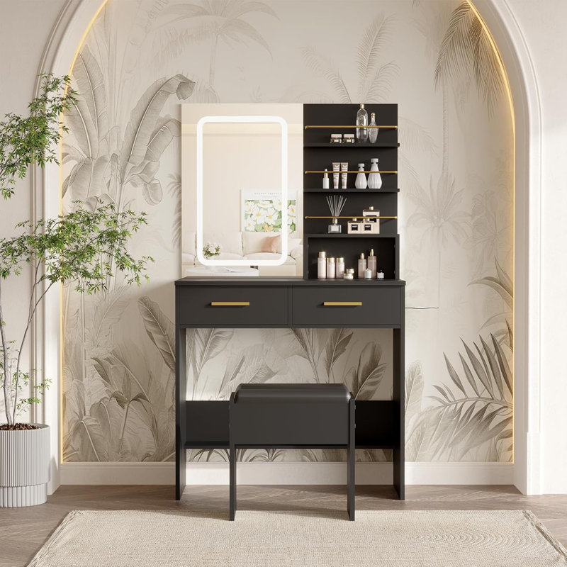 Modern Makeup Vanity Table with LED Lights, Sliding Mirror, 4 Drawers, Stool, Power Outlet, and Open Shelves – Bedroom Dressing Table with Adjustable Lighting