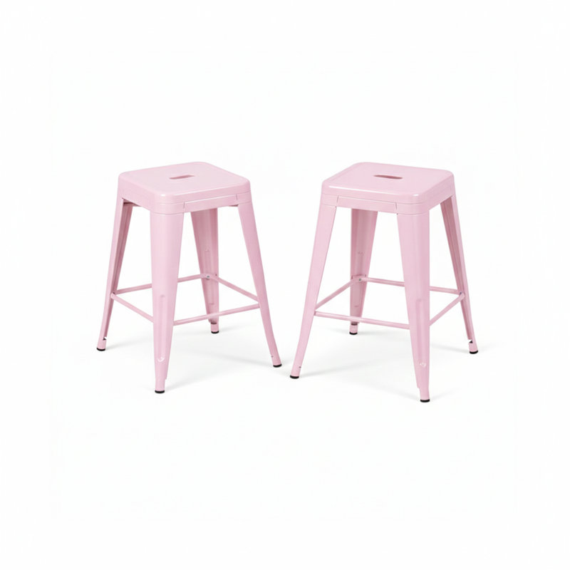  24-Inch Industrial Metal Counter Stools, Stackable Indoor/Outdoor Barstools, Set of 4, Pink, 4, 24-inch, Pink
