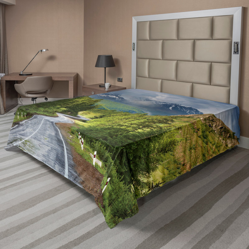 Ambesonne Nature plateau plat drap montagne paysage route vert gris brun, Drap plat pour très grand lit californien