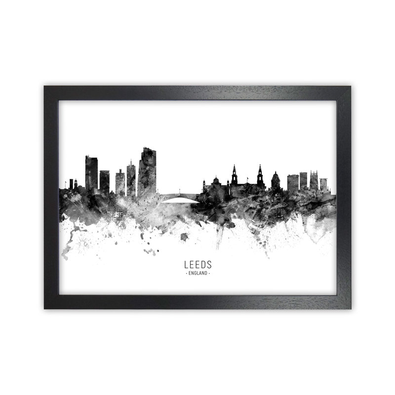 Leeds England Skyline Black White City Name by Michael Tompsett - Print, 34cm H x 46cm W x 3cm D, Black Framed