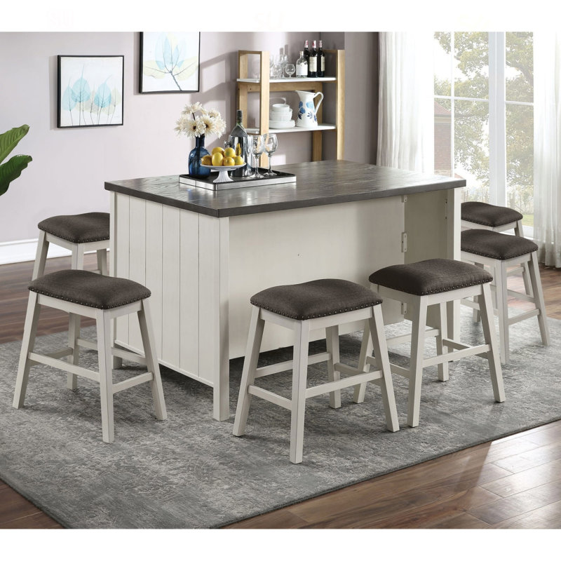 Ensemble de salle à manger 7 pièces à hauteur de comptoir blanc cassé et gris Transition, 7 pièces : table, 6 chaises