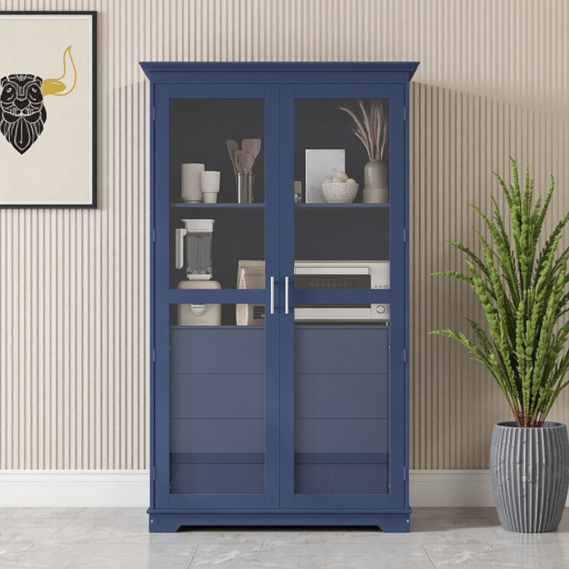 Blue Farmhouse Freestanding Kitchen Display Cabinet with Glass Doors & 4 Drawers - 44.7"W x 20"D x 75"H