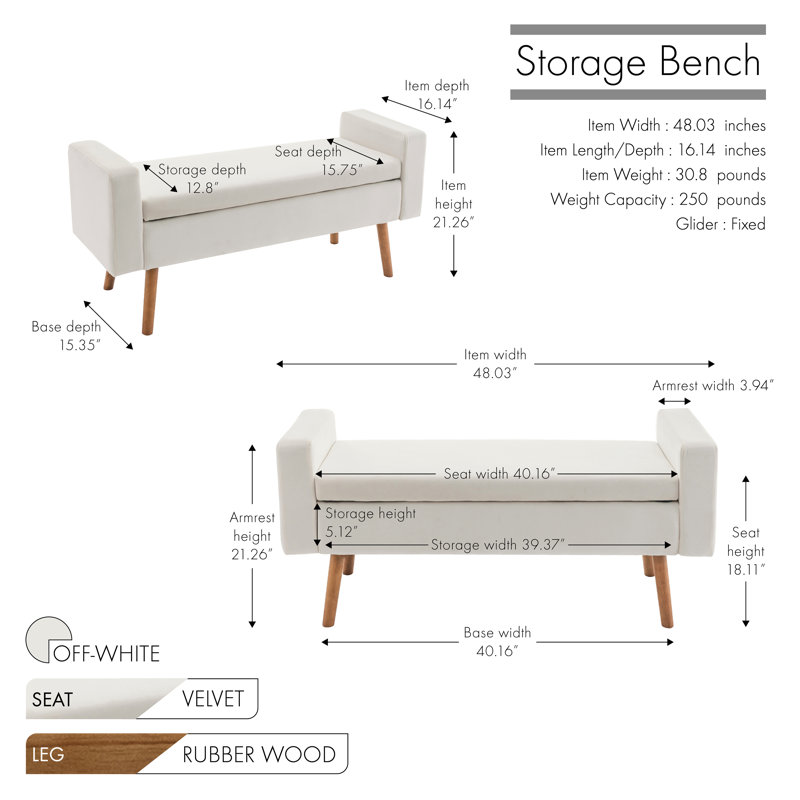 Banc de rangement en velours avec pieds en bois d'hévéa Vendrina, Blanc cassé