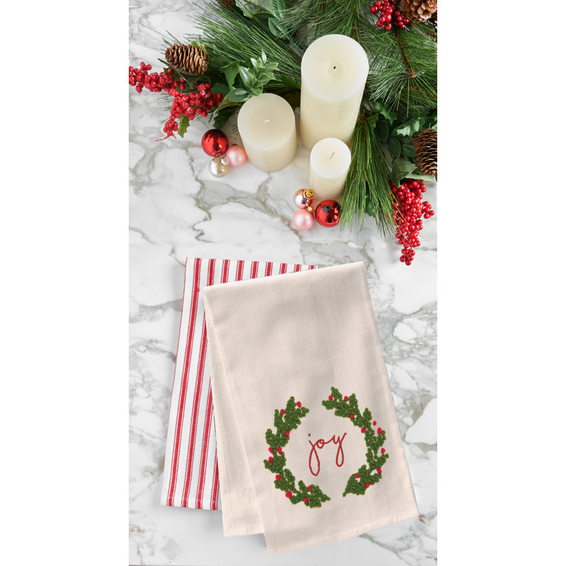 Joy Wreath Flour Sack Embroidered Cotton Kitchen Towel