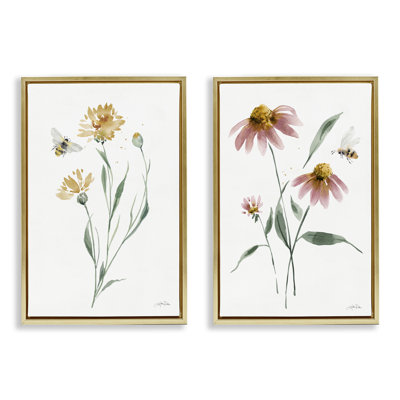 Flower Stem Bees 2 Pc Framed Floater Canvas Set By Katrina Pete