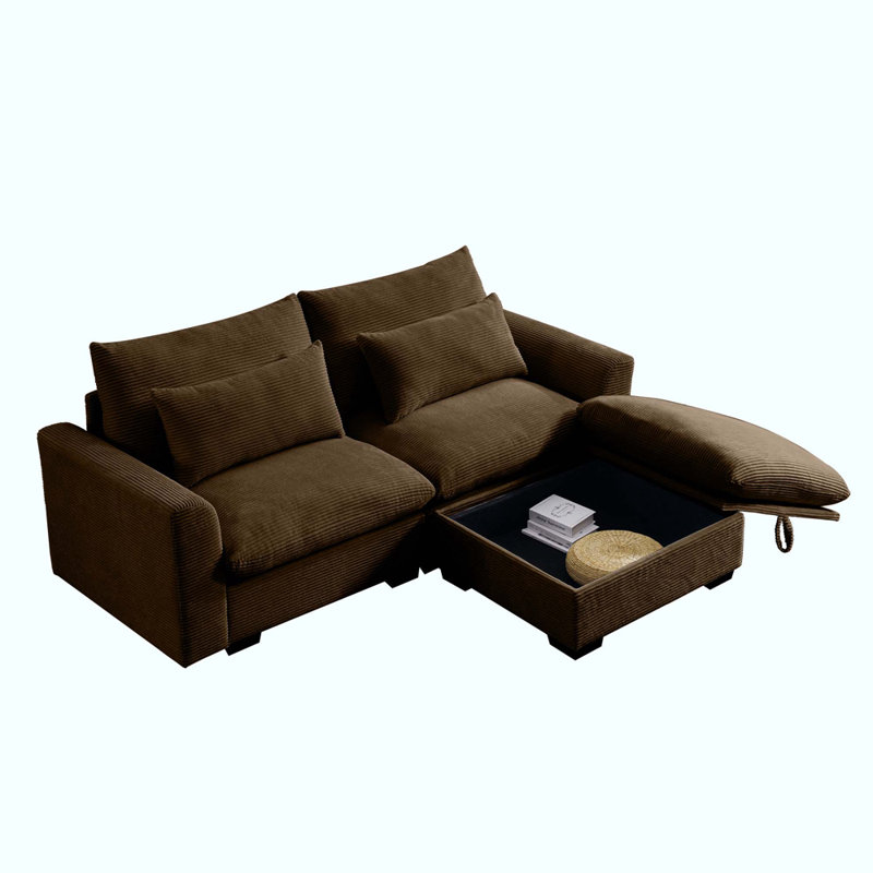 Sectional Sofa Comfy Corduroy Couch For Living Room With Pillows And Round Armrests, Modern Corduroy Sofa Sleeper Deep Couches With Storage Ottoman