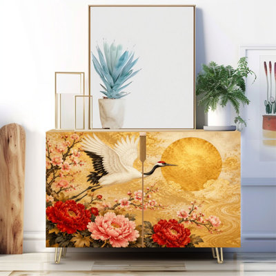 Buffet étroit de 35,4 po de largeur - armoire de rangement décorative à 2 portes avec une élégante grue couronne rouge pivoines en fleurs, imprimé oriental soleil doré et pieds en métal