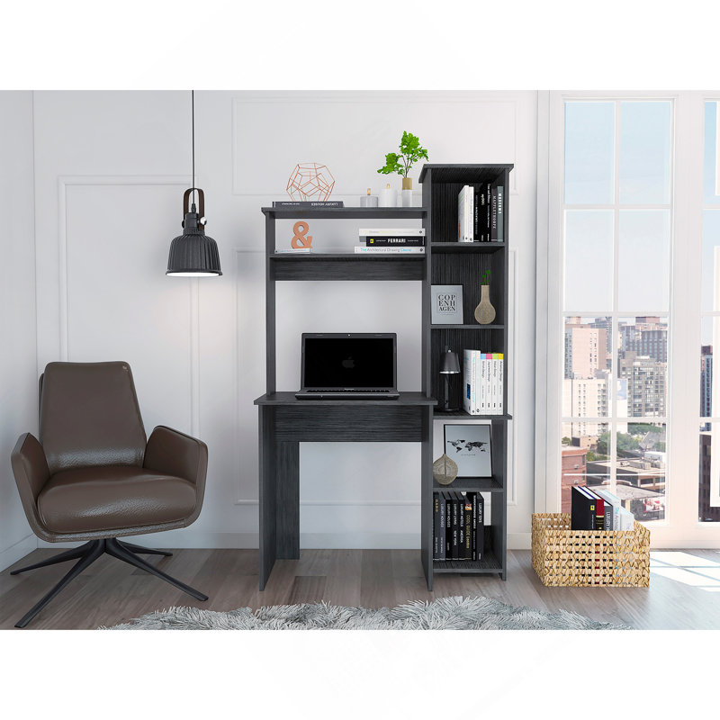 Bureau d'écriture, deux tablettes supérieures, cinq casiers - chêne Smokey