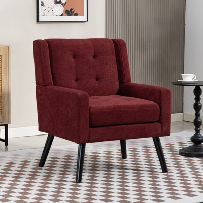 26.77" Mid-Century Modern Accent Chair, Linen & Suede Upholstery Comfy Armchair With Tufted Back, High-Density Foam Cushion And Black Solid Wood Legs