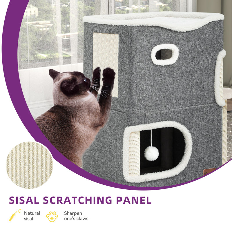 Gray 2-Storey Modern Cat House with Scratch Post and Hideaway Cave