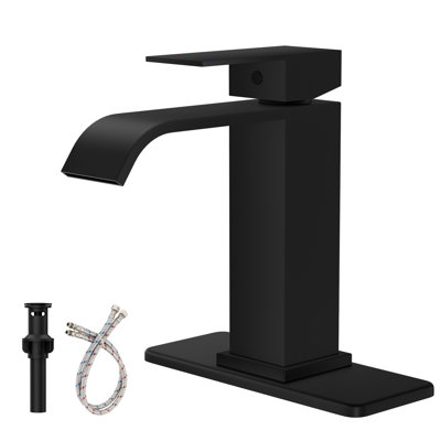 Waterfall Single Hole Single-Handle Low-Arc Bathroom Faucet With Pop-Up Drain Assembly In Matte Black