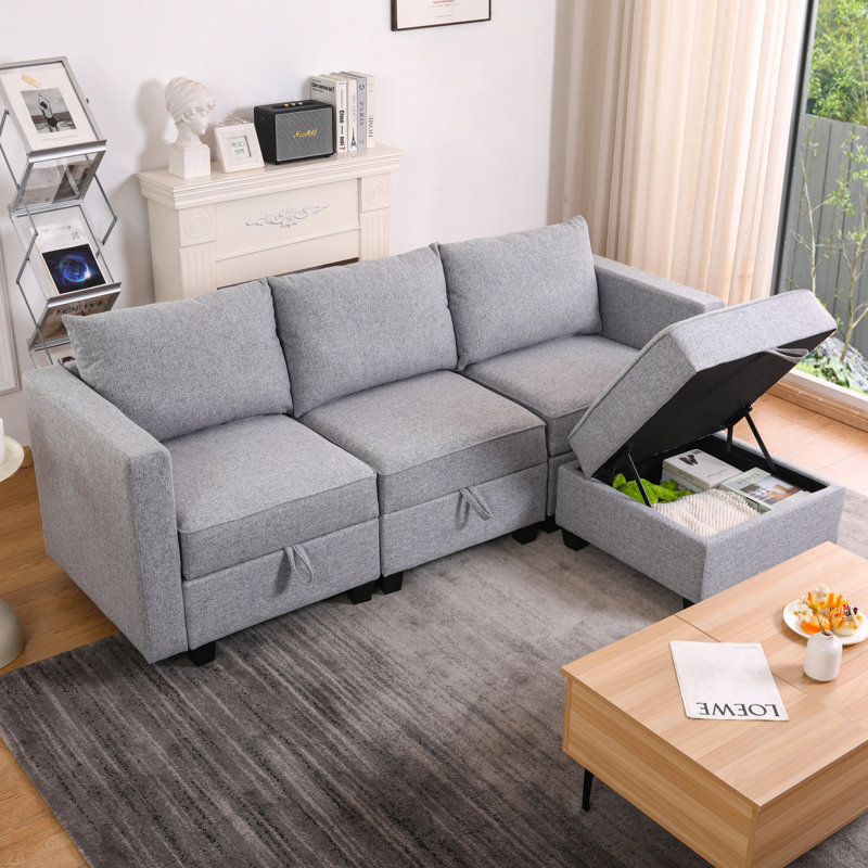 Petit canapé modulaire à 3 places modulaire en L avec canapé-lit modulaire gris clair, Tissu gris pâle