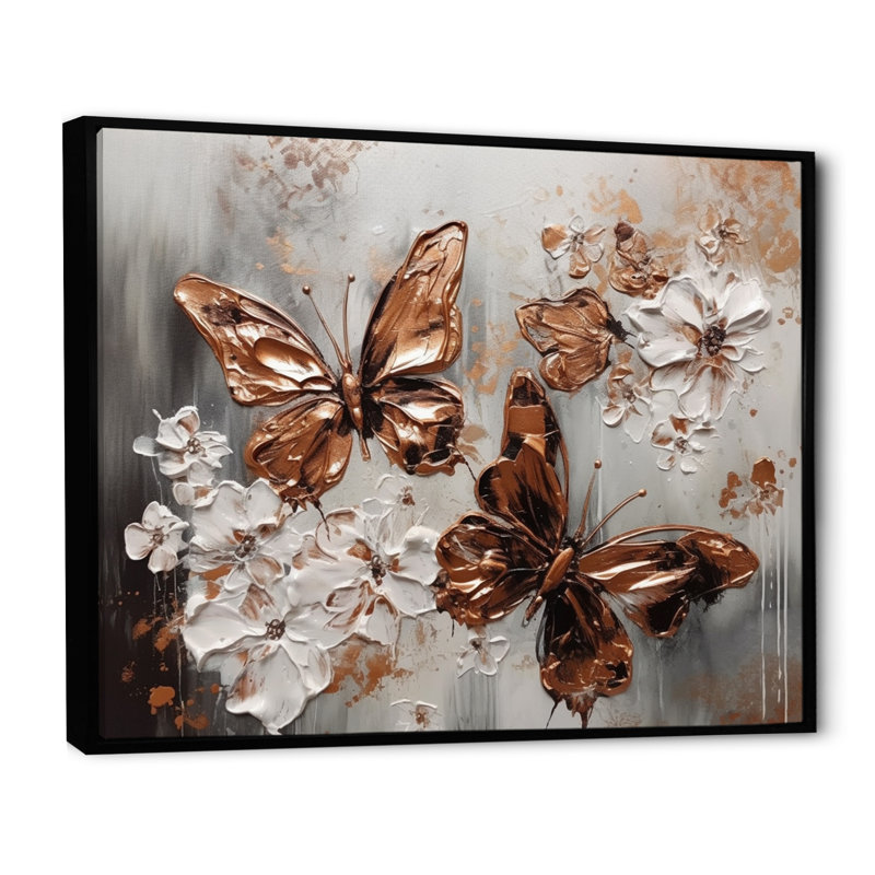 Rouzer Gold Butterfly Wings and Flowers II sur toile, H 24 po x l 32 po x P 1 po, Cadre flottant noir