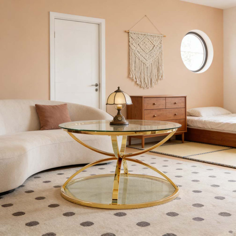 Table basse moderne en verre 31,50 "avec 2 niveaux, Doré