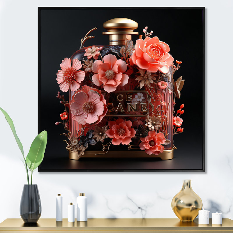 «Perfume Bottle With Pink Blossoming Flowers I», reproduction d'art sur toile, H 30 po x l 30 po x P 1 po
