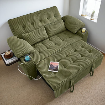 58.5" Corduroy Convertible Sleeper Sofa Bed with Storage & USB Ports, Adjustable Backrest Loveseat for Small Spaces