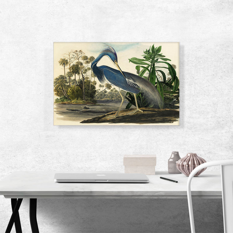 Louisiana Heron Bird Print on Canvas in Blue and Green