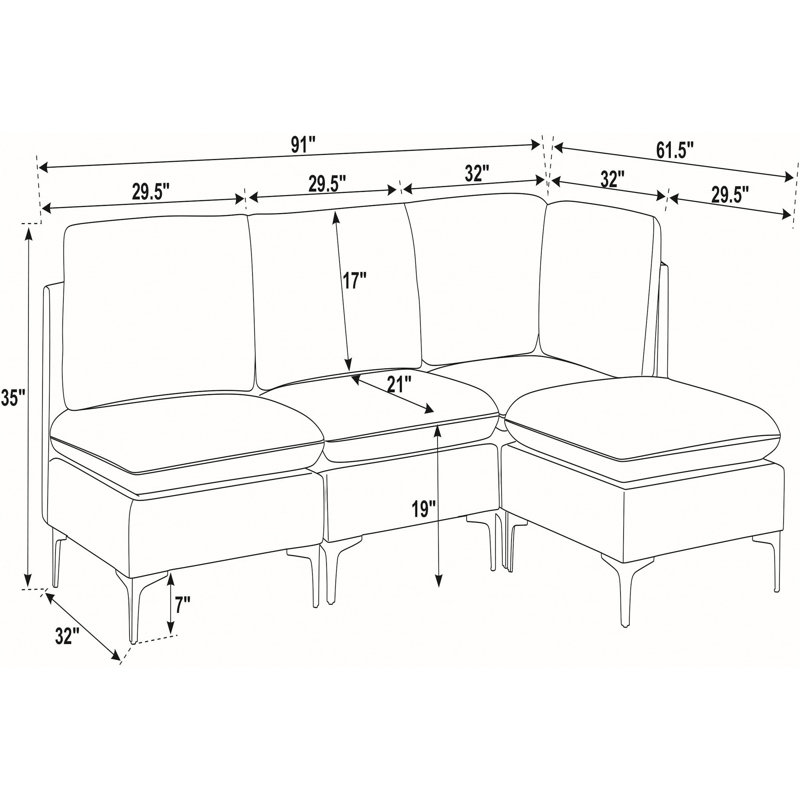 Canapé modulaire en lin rembourré avec pieds en métal, Lin bleu foncé, 35" H x 91" W x 61.5" D, Orienté vers la gauche