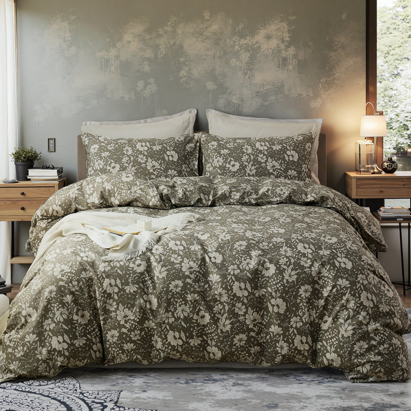 100% Cotton Duvet Cover Set King – Dark Green Classic Botanical Print Bedding Set 3 Pieces, Breathable Soft Comforter Cover with Zipper Closure, Retro Garden Floral Bed Set