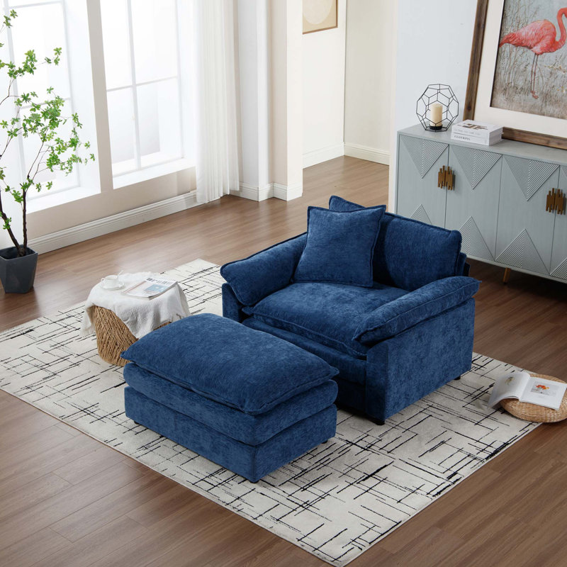 Fauteuil d'appoint moderne avec repose-pieds en chenille, Chenille bleu