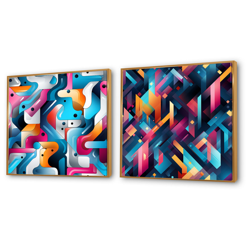 Cylis - Ensemble de 2 collages carrés abstraits, H 16 po x l 33 po, Cadre flottant doré