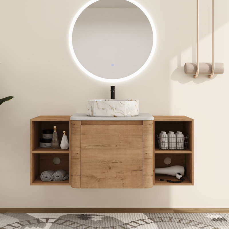 Ensemble de meuble-lavabo simple Greythor avec lavabo en céramique et tablettes de rangement, ensemble de meuble-lavabo simple avec plateau en pierre reconstituée