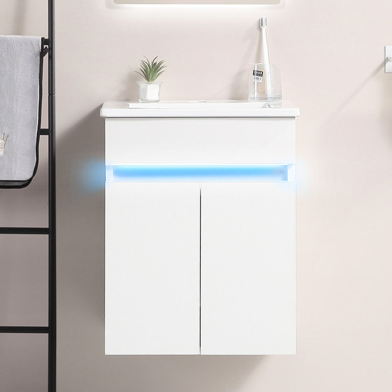 Meuble-lavabo de 16 po avec lavabo, armoire murale pour petit espace, blanc. Détection de radars, grand espace de rangement, lavabo en céramique. Style moderne. Mini-salle de bain à assembler. Livré avec amplement de rangement